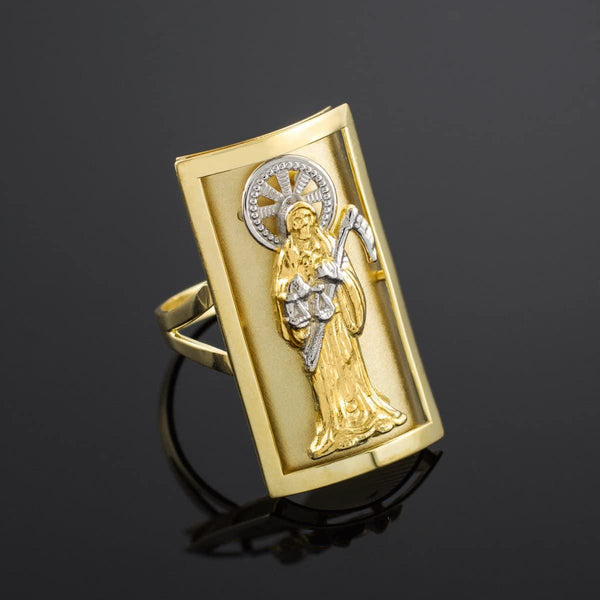 Religious Jewelry by FDJ 14k Gold Long Santa Muerte Shield Ring (12.7 x 22.8 mm)