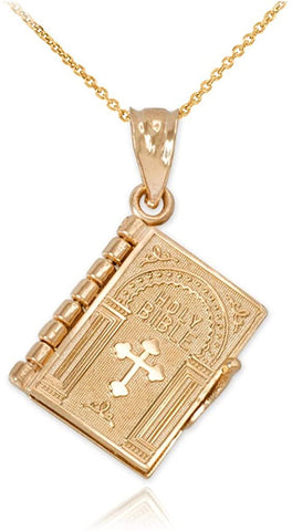 Polished 14k Gold 3D Holy Bible Book w/Lord's Prayer Pendant Necklace