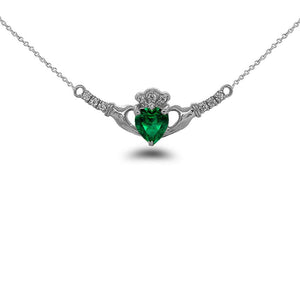 Heart Necklace with Claddagh Diamond & May Birthstone in Genuine Sterling Silver from Rafi's Jewelry