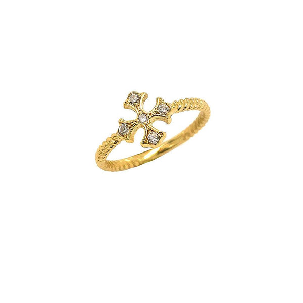 Heraldic CZ Rope Ring with Cross in Solid Gold from Rafi's Jewelry