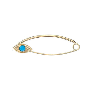 Dainty Turquoise Evil Eye Safety Pin with Solid Gold from Rafi's Jewelry