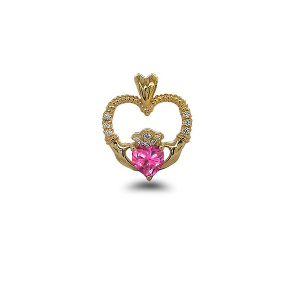 Claddagh Heart Diamond & October Birthstone Pink CZ Rope Necklace in Solid Gold from Rafi's Jewelry