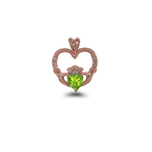 Claddagh Heart Diamond & Peridot Friendship Pendant/Necklace in Solid Gold from Rafi's Jewelry