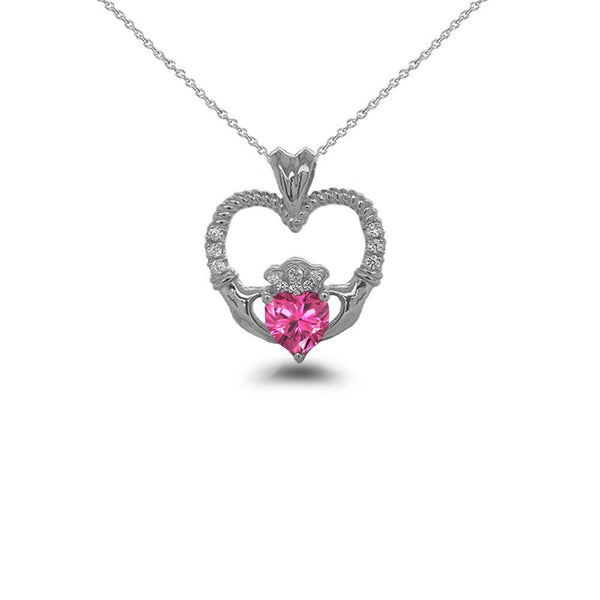 Claddagh Heart Diamond & October Birthstone Pink CZ Rope Necklace in Solid Gold from Rafi's Jewelry