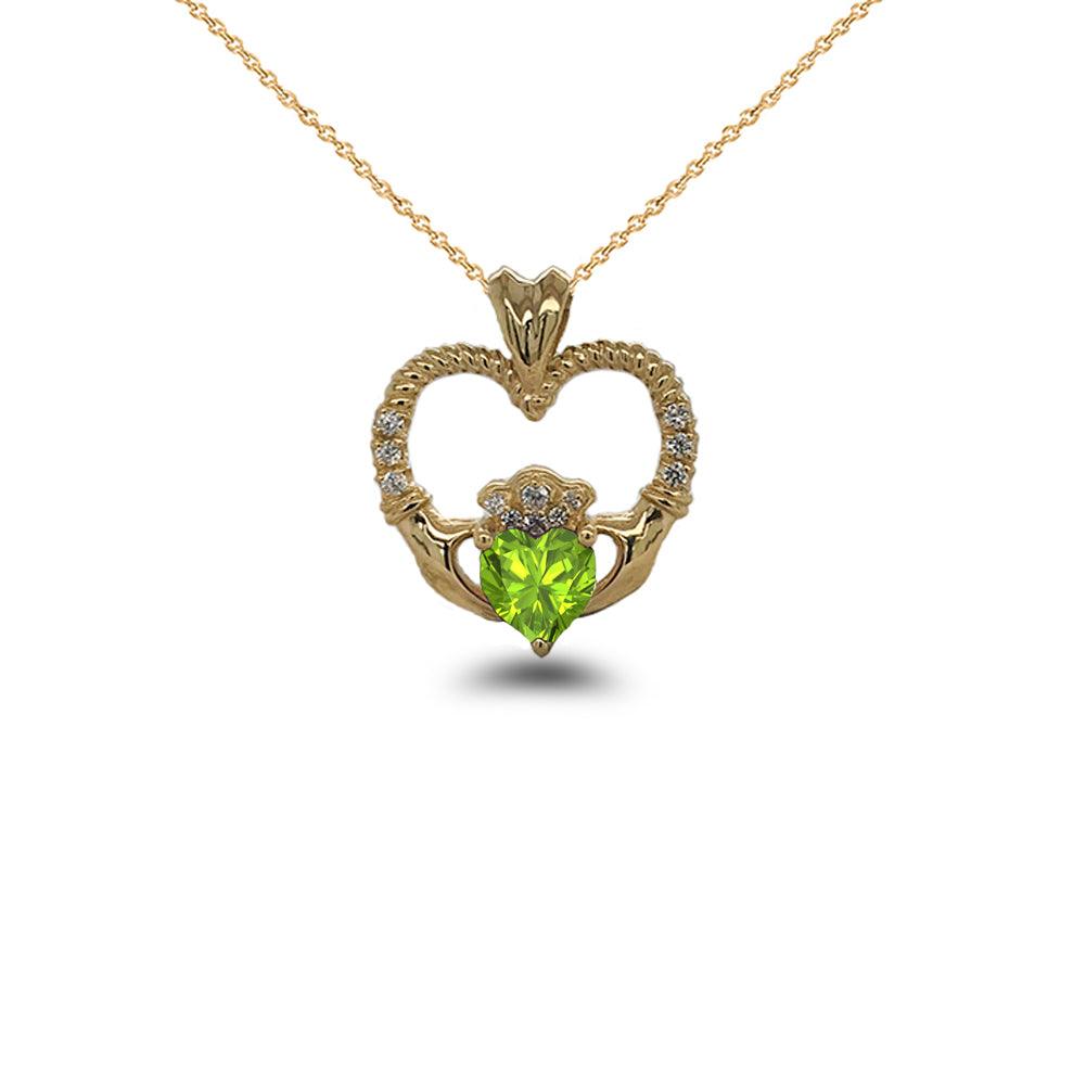 Claddagh Heart Diamond & Peridot Friendship Pendant/Necklace in Solid Gold from Rafi's Jewelry