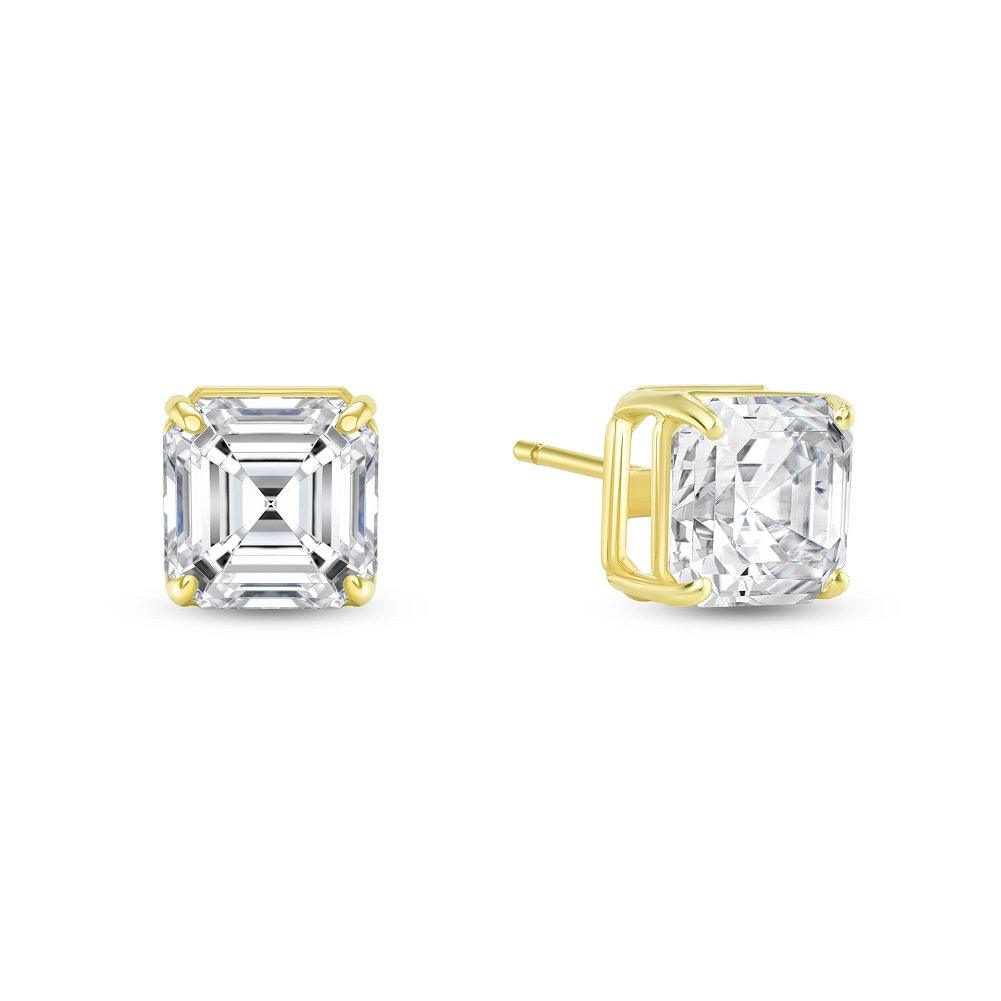 Solitaire Asscher-Cut CZ Stud Earrings in Solid Gold (Large Size) - Stunning Sparkling Solitaire CZ Earrings in Solid Gold (Large) from Rafi's Jewelry