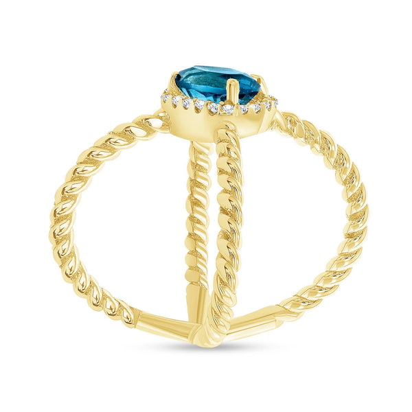 Genuine Blue Topaz and Diamond Criss Cross Statement Ring in Yellow Gold from Rafi's Jewelry