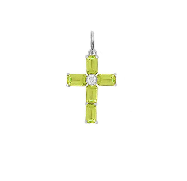 Elegant Genuine Birthstone Cross Pendant Necklace with Emerald-Cut Stones in Sterling Silver (Available in 7 Birthstones) from Rafi's Jewelry