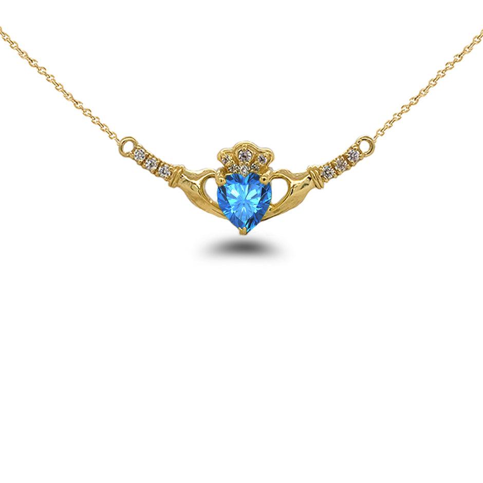 Claddagh Diamond & Genuine Blue Topaz Heart Necklace - a Symbol of Friendship and Love in Solid Gold from Rafi's Jewelry