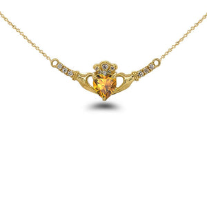 Citrine Heart Necklace with Claddagh Diamond Accent in Solid Gold from Rafi's Jewelry