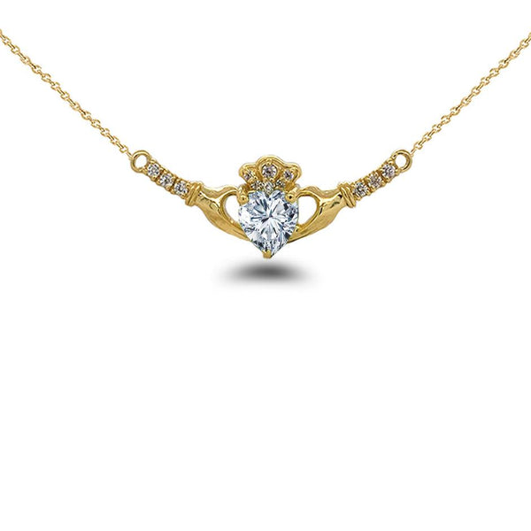 Claddagh Diamond & April Birthstone Heart Necklace in Solid Gold - Symbolic Friendship and Love Necklace from Rafi's Jewelry
