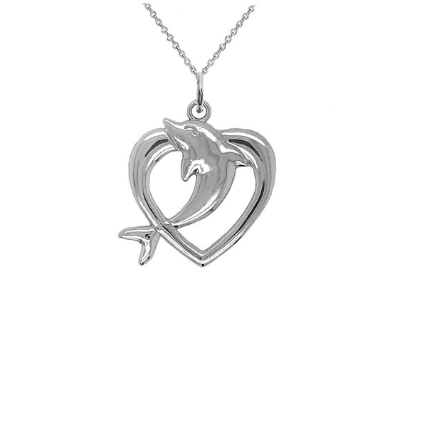 Sterling Silver Dolphin Pendant Necklace with Open Heart-Shaped Design from Rafi's Jewelry