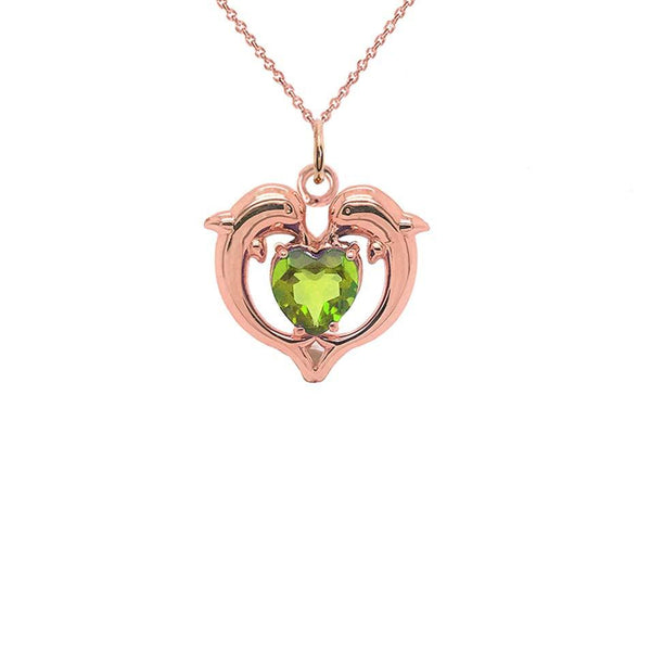 Dolphin Duo Peridot Pendant Necklace in Open Heart Shape with Gold from Rafi's Jewelry