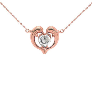 Dolphin Duo Heart Pendant Necklace with Birthstone CZ in Rose Gold from Rafi's Jewelry