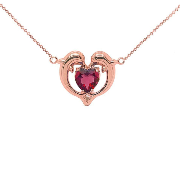 Dolphin Duo Heart Pendant Necklace with Birthstone CZ in Rose Gold from Rafi's Jewelry