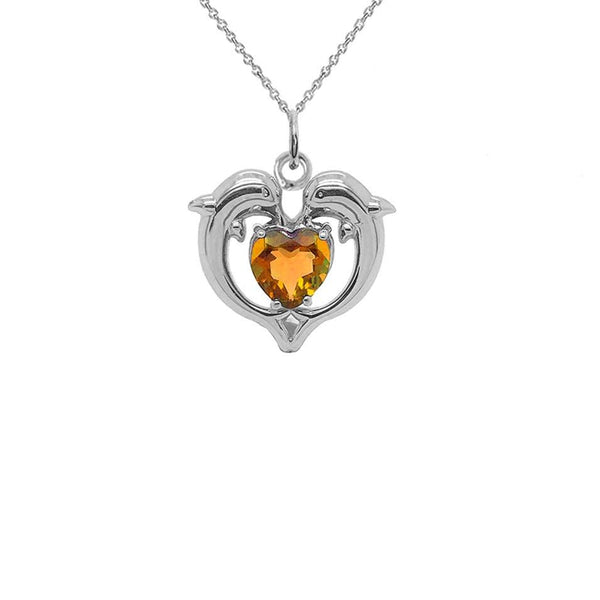 Heart-Shaped Dolphin Duo Birthstone Pendant Necklace in Sterling Silver from Rafi's Jewelry
