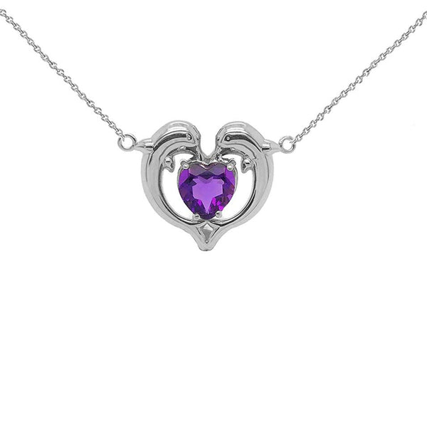 Duo Dolphin Love Heart Birthstone Necklace in White Gold from Rafi's Jewelry