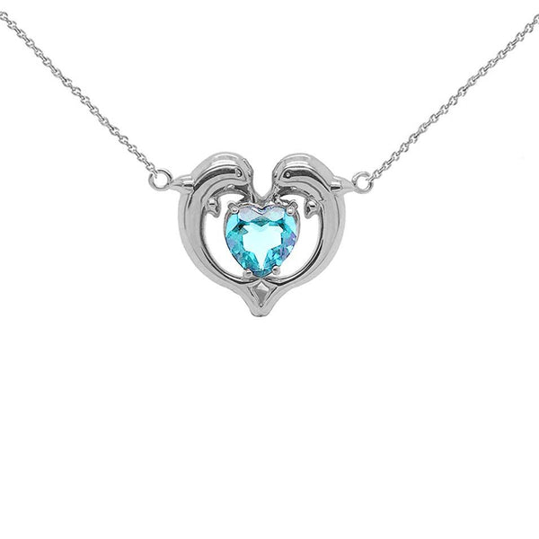 Duo Dolphin Love Heart Birthstone Necklace in White Gold from Rafi's Jewelry