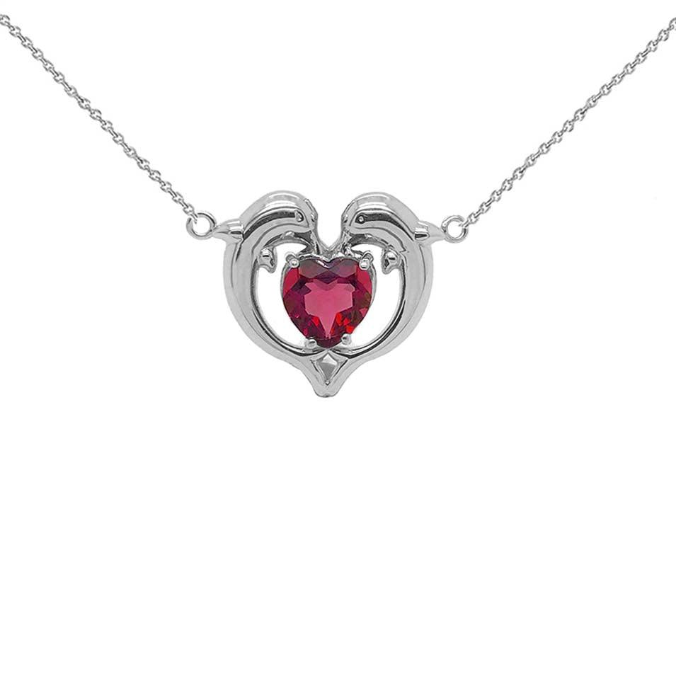 Dolphin Duo Open Heart-Shaped Birthstone Necklace with Genuine Garnet from Rafi's Jewelry