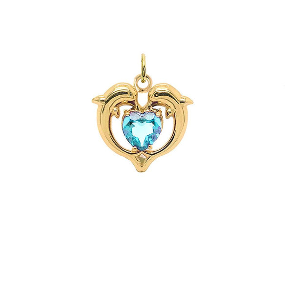 Aquamarine Dolphin Duo Open Heart Pendant Necklace in Gold from Rafi's Jewelry
