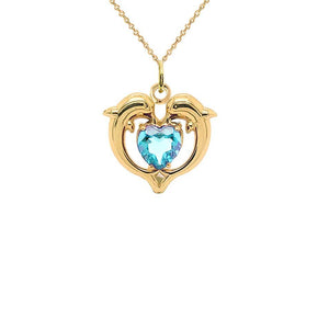 Aquamarine Dolphin Duo Open Heart Pendant Necklace in Gold from Rafi's Jewelry