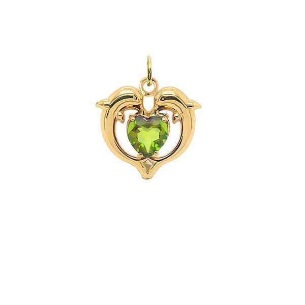 Dolphin Duo Peridot Pendant Necklace in Open Heart Shape with Gold from Rafi's Jewelry