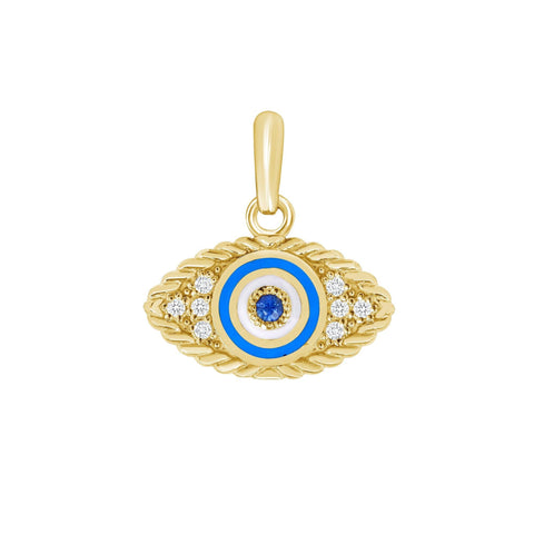 Evil Eye Enamel Charm Pendant with Cubic Zirconias in Solid Gold from Rafi's Jewelry