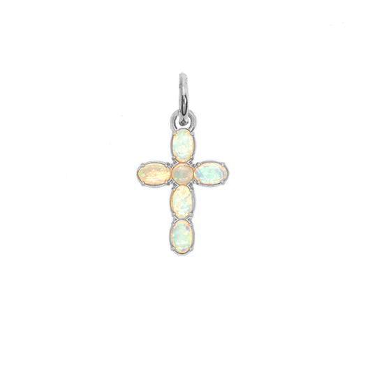 Faithful Fusion Gold Cross Pendant Necklace with Simulated Opal from Rafi's Jewelry
