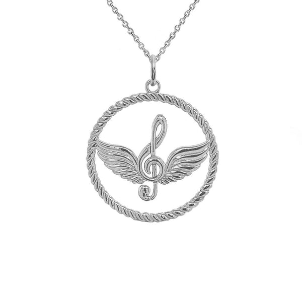 Sterling Silver Musical Note Round Pendant Necklace with Rope Design from Rafi's Jewelry