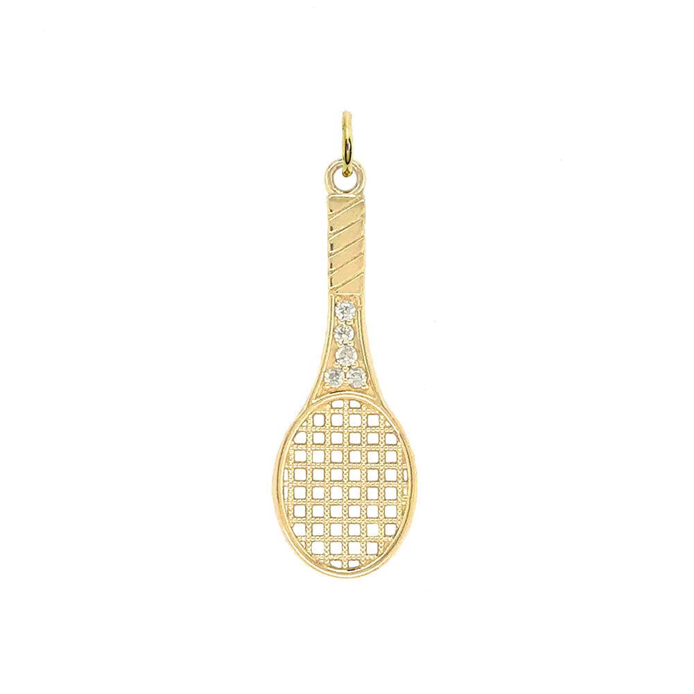 CZ Studded Tennis Racket Pendant Necklace in Solid Gold - Swerve Your Serve in Style from Rafi's Jewelry