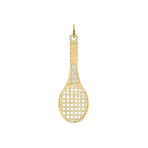 CZ Studded Tennis Racket Pendant Necklace in Solid Gold - Swerve Your Serve in Style from Rafi's Jewelry
