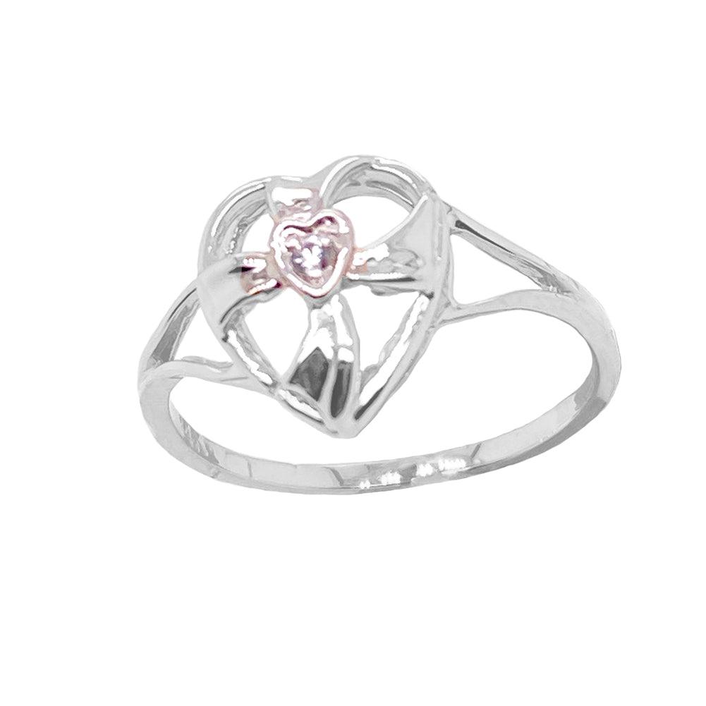 Solitaire Diamond Heart Cross Ring with Open Heart Design in Sterling Silver from Rafi's Jewelry