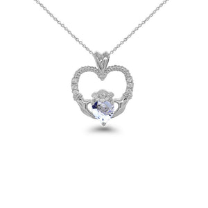 Claddagh Heart Diamond & Aquamarine Stone Rope Pendant/Necklace in Sterling Silver from Rafi's Jewelry