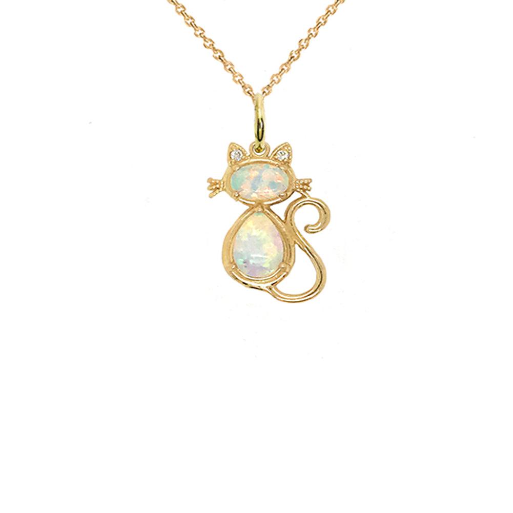 Cat Pendant/Necklace with White Stones and Diamonds in Solid Gold from Rafi's Jewelry