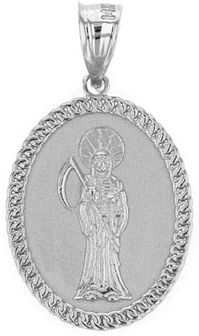 925 Sterling Silver Santa Muerte (Grim Reaper) Oval Medal Charm Pendant - Rafi's Jewelry