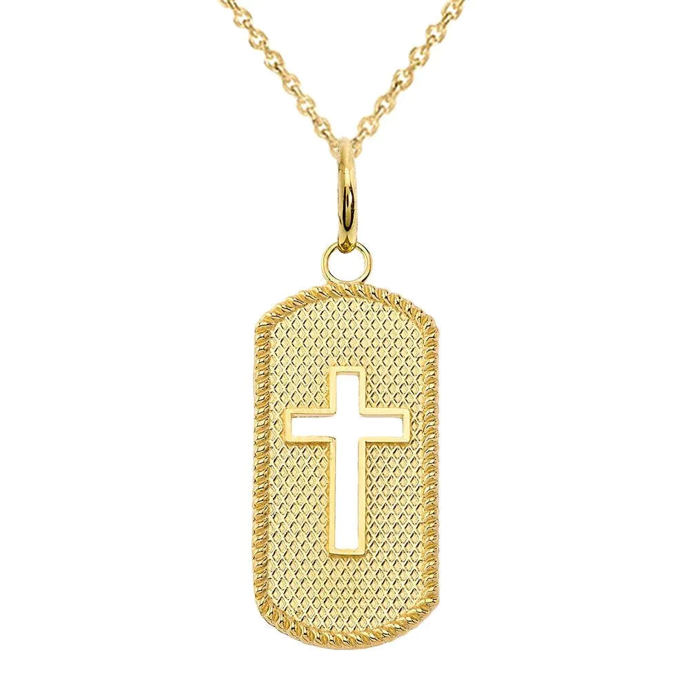 Solid Gold Cut Out Cross Dog Tag Pendant Necklace from Rafi's Jewelry
